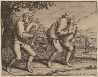 Two Bagpipe Players, by Hendrik Hondius I, ink, 1642