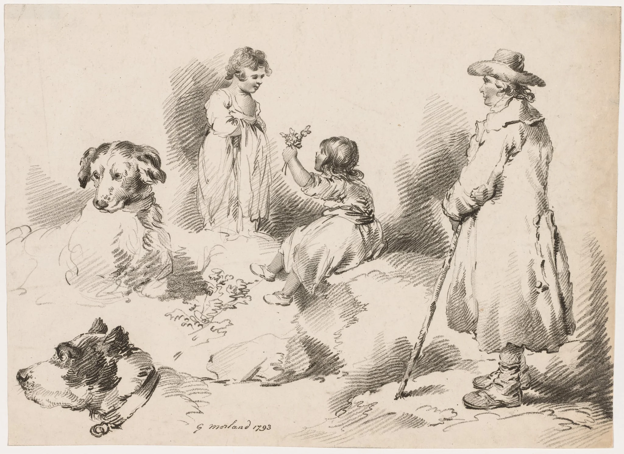 Studies of Children (Two Little Girls); Two Dogs; A Man, detail