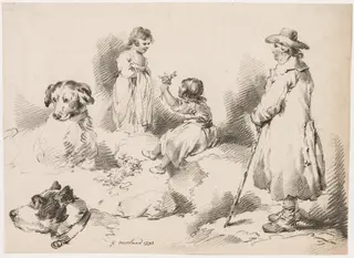 Studies of Children (Two Little Girls); Two Dogs; A Man, by George Morland, 1793