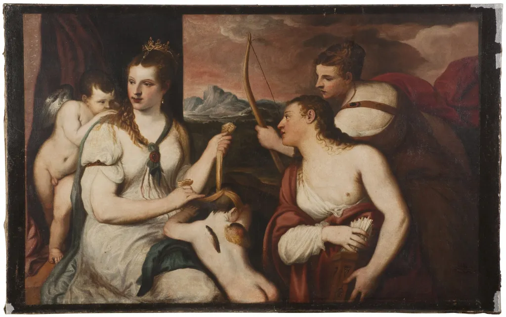Venus Blindfolding Cupid, by Andrea Schiavone, oil, 1560