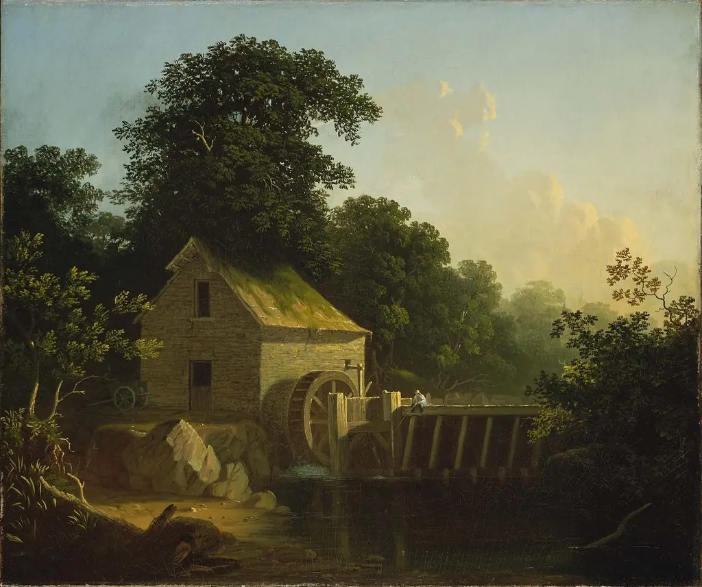 Landscape with Waterwheel and Boy Fishing, by George Caleb Bingham, oil, 1853