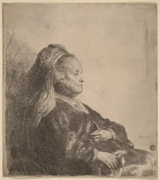 The Artist's Mother Seated, in an Oriental Headdress, by Rembrandt van Rijn, ink, 1631