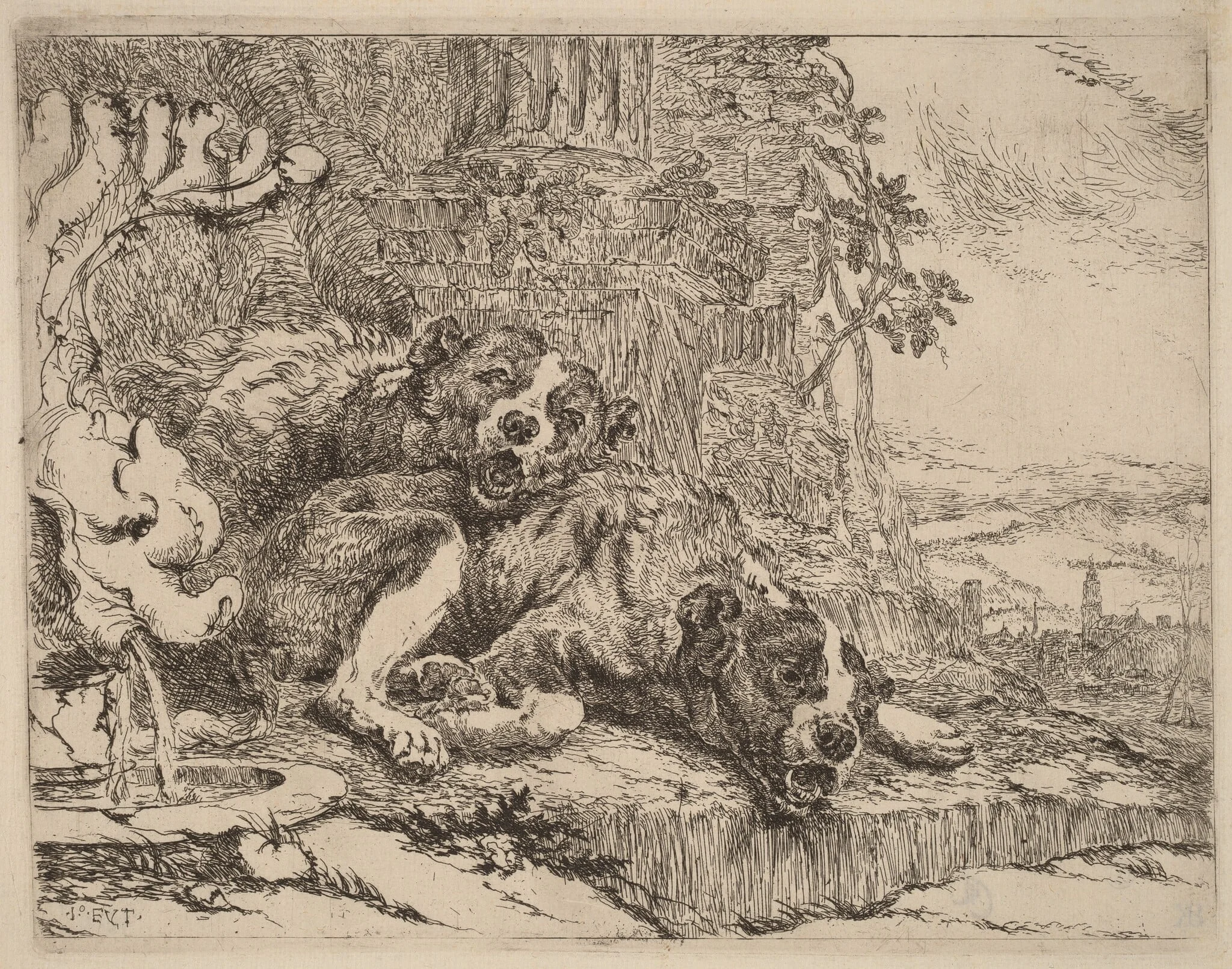 Two Mastiffs beside a Fountain, detail