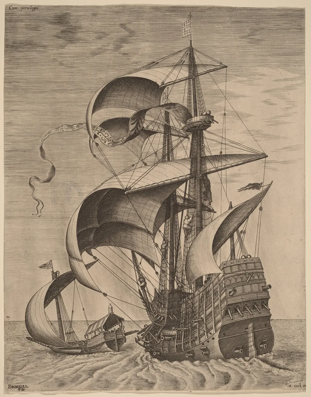 Armed Three-Master on the Open Sea, Accompanied by a Galley, by Frans Huys, ink, 1542