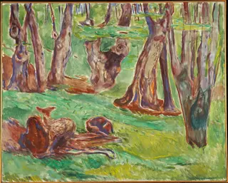 Rugged Tree Trunks in Summer, by Edvard Munch, oil, 1930