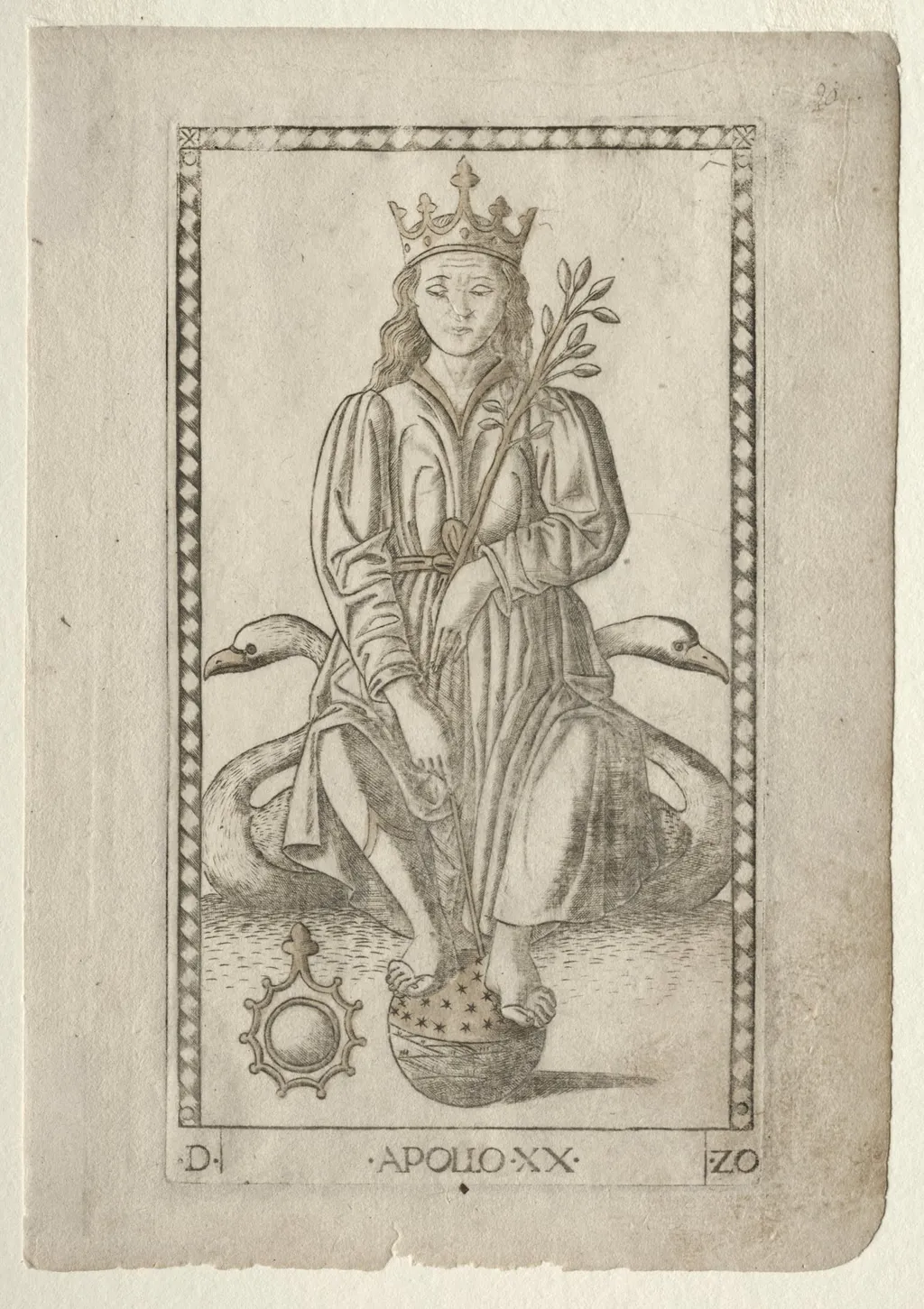 Apollo (from the Tarocchi, series D:  Apollo and the Muses, #20), by Master of the E-Series Tarocchi, 1467