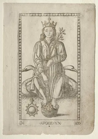Apollo (from the Tarocchi, series D:  Apollo and the Muses, #20), by Master of the E-Series Tarocchi, 1467