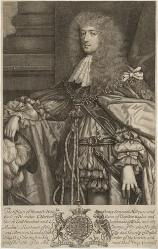 Henry Somerset, Earl of Worcester, First Dukeof Beaufort, by Robert White, ink, 1679