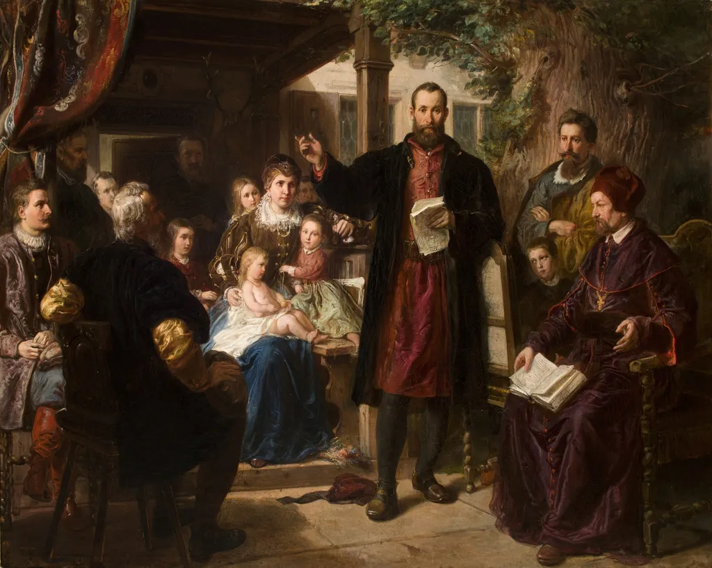 Jan Kochanowski at Czarnolas Reading the Translation of the "Psalms", by Władysław Łuszczkiewicz, oil, 1874