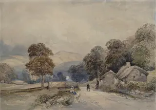 Landscape with trees and mountains, by Duffield, watercolor, 1820