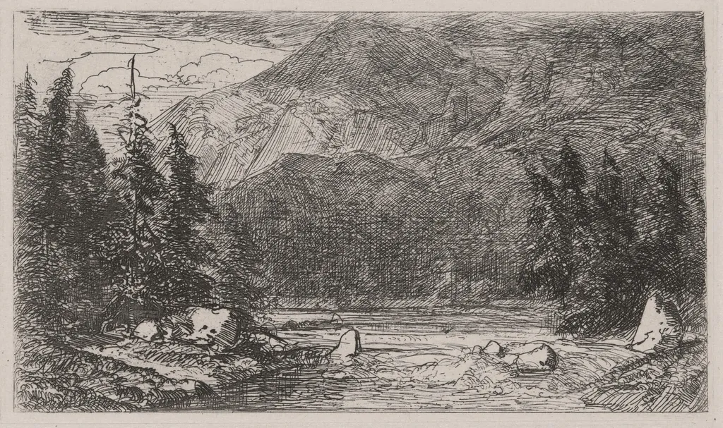 Mountain Stream with Rapids, by Caspar Johann Nepomuk Scheuren, ink, 1842