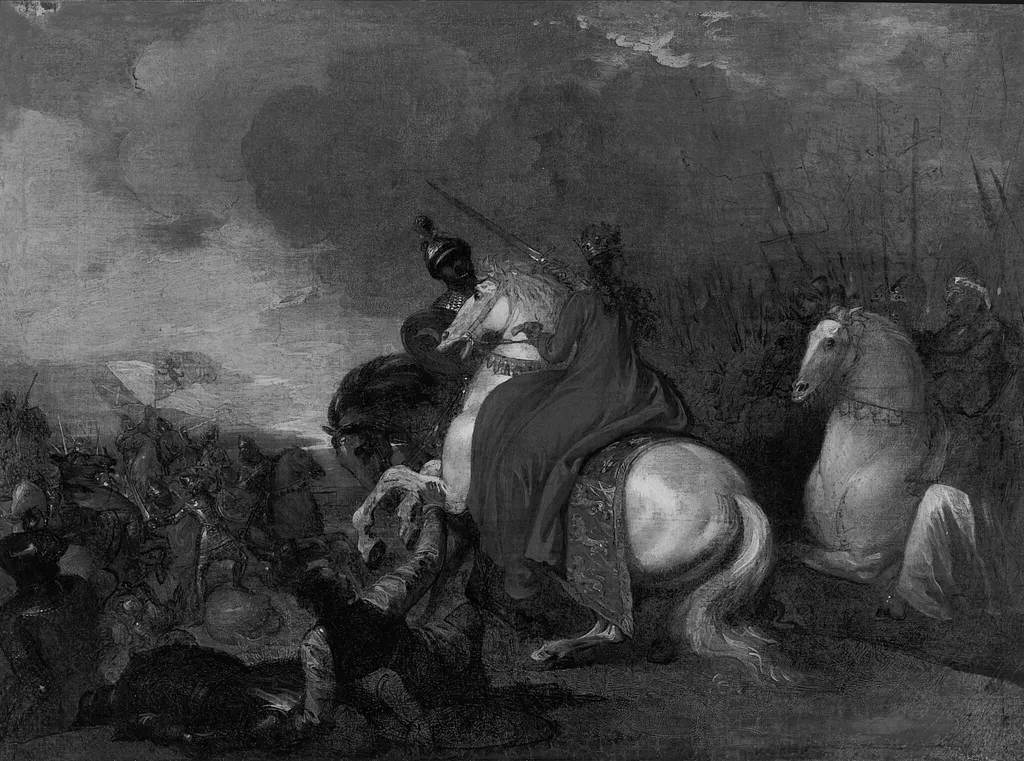 Queen Philippa at the Battle of Neville's Cross, by Benjamin West, oil, 1789