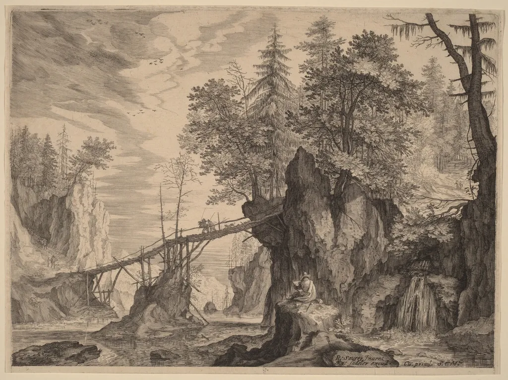 Draughtsman on a Stone before a Bridge, by Aegidius Sadeler II, ink, 1609