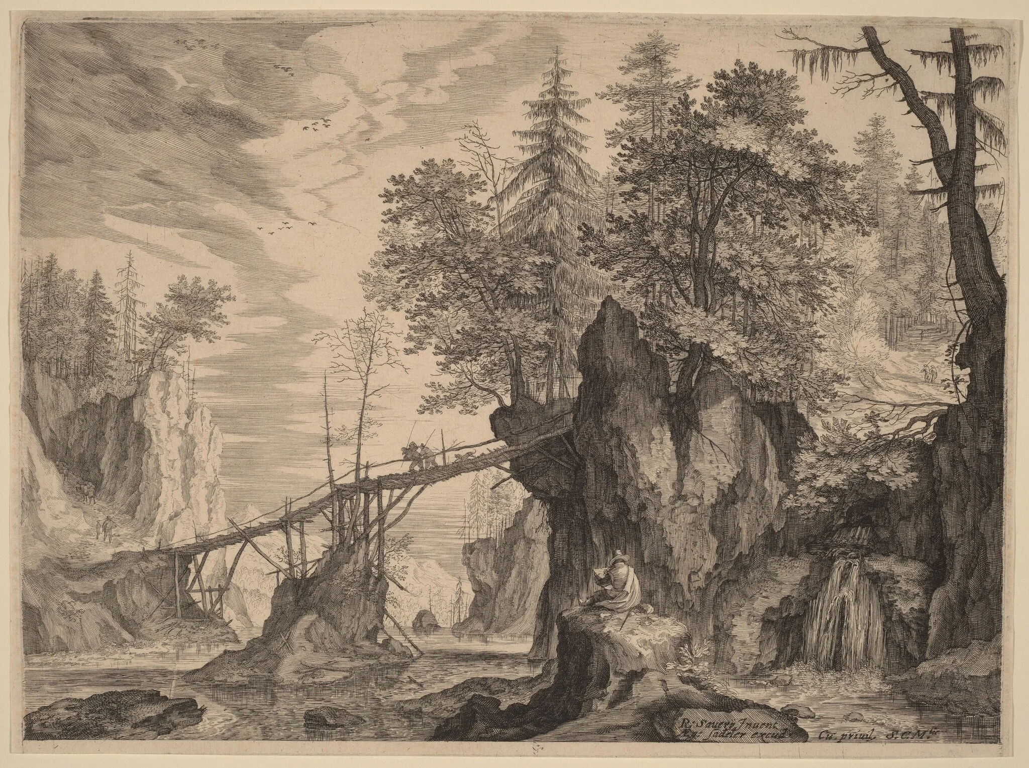 Draughtsman on a Stone before a Bridge, detail