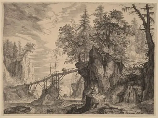 Draughtsman on a Stone before a Bridge, by Aegidius Sadeler II, ink, 1609