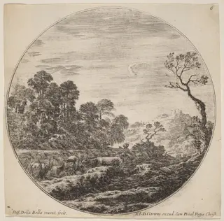 Cows Grazing in a Valley, by Stefano Della Bella, ink, 1646