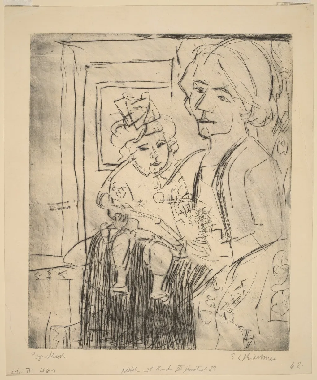 Young Woman with Child, by Ernst Ludwig Kirchner, ink, 1923
