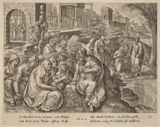 Saint Paul Speaks to the Women of Philippi by a River, by Philip Galle, ink, 1574