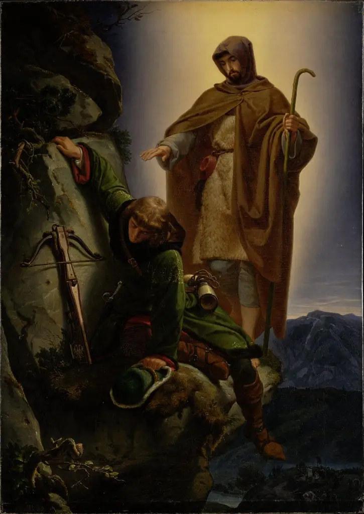 A Guardian Angel Rescuing Emperor Maximilian from the Martinswand, by Alfred Rethel, oil, 1839