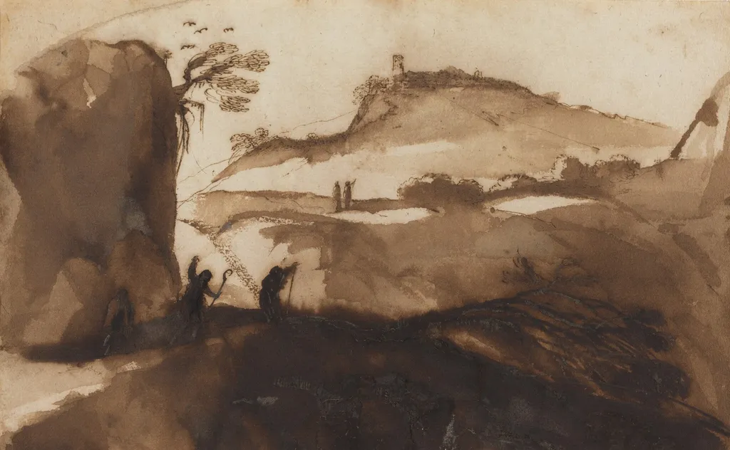 Shepherds Peering into a Chasm, by Guercino, ink, 1624