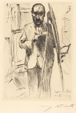 Selbstbildnis an der Staffelei (Self-Portrait with Easel), by Lovis Corinth, ink, 1918