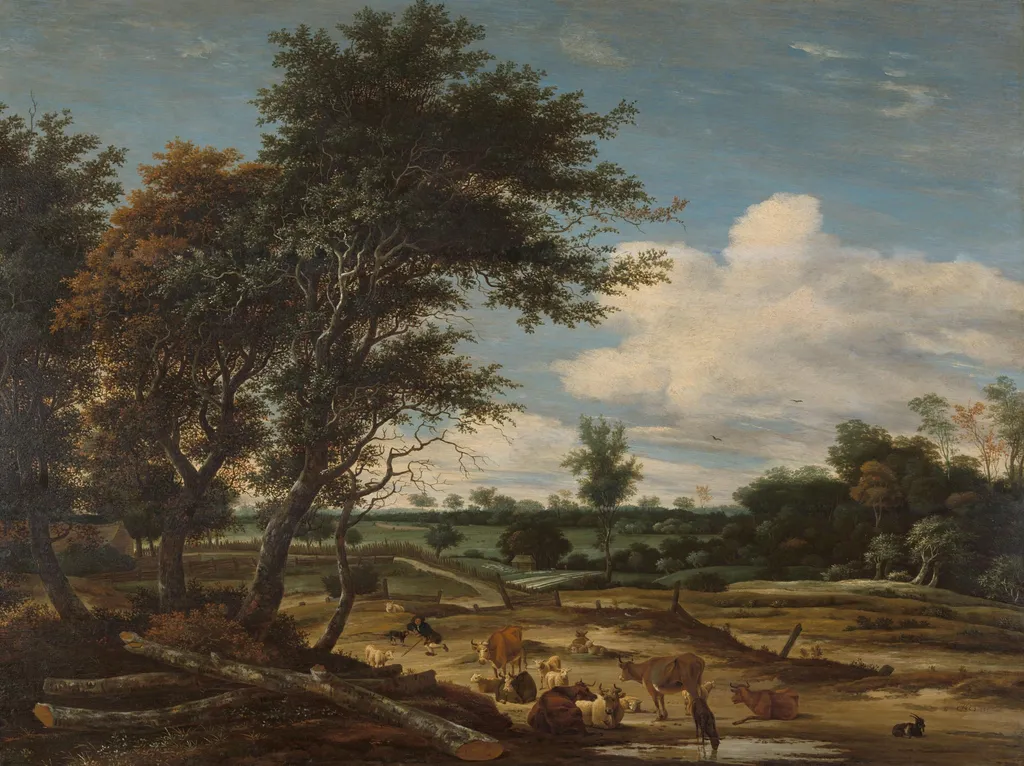 Landscape with herdsmen and cattle, by Jacob Salomonsz. van Ruysdael, unspecified, 1665