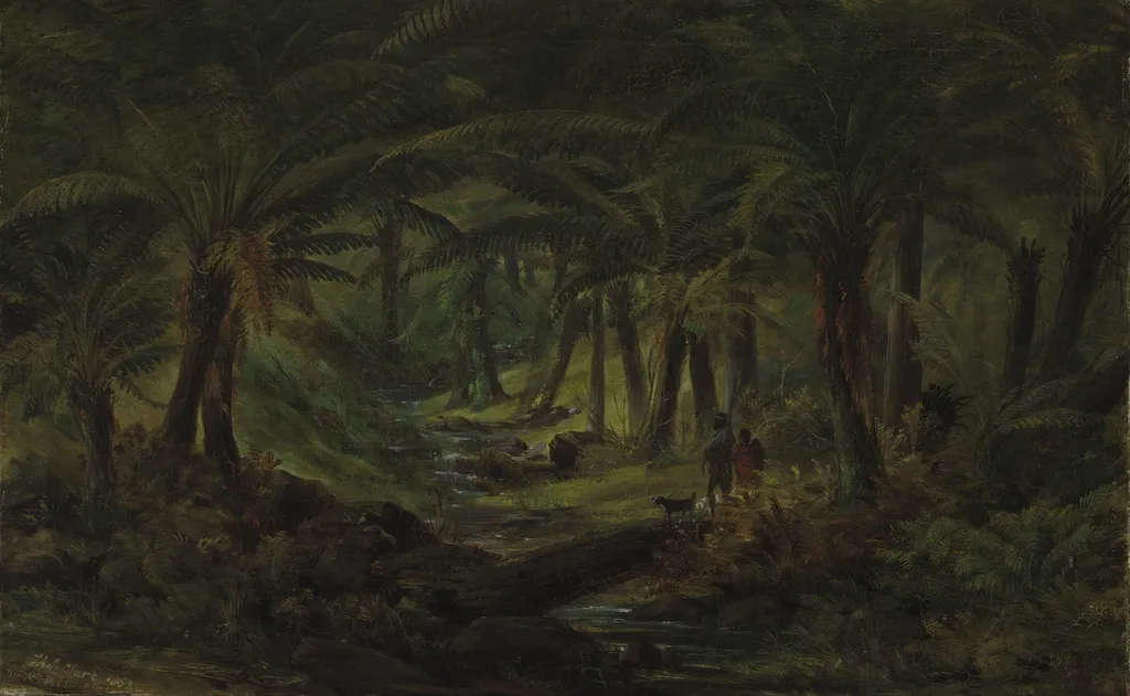 Fern gully with Aboriginal family, by Thomas Clark, oil, 1863
