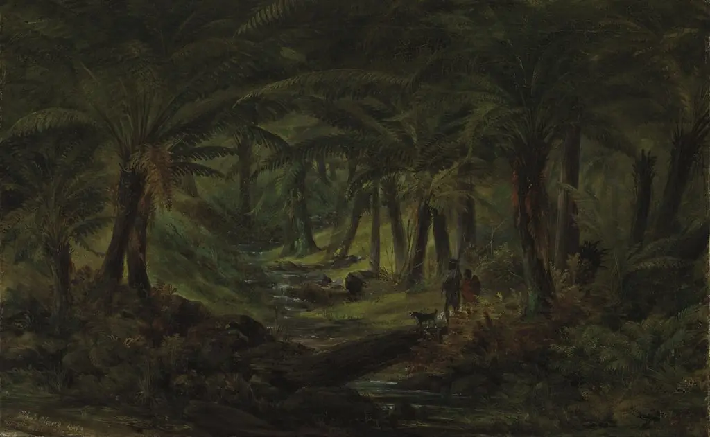 Fern gully with Aboriginal family, by Thomas Clark, oil, 1863