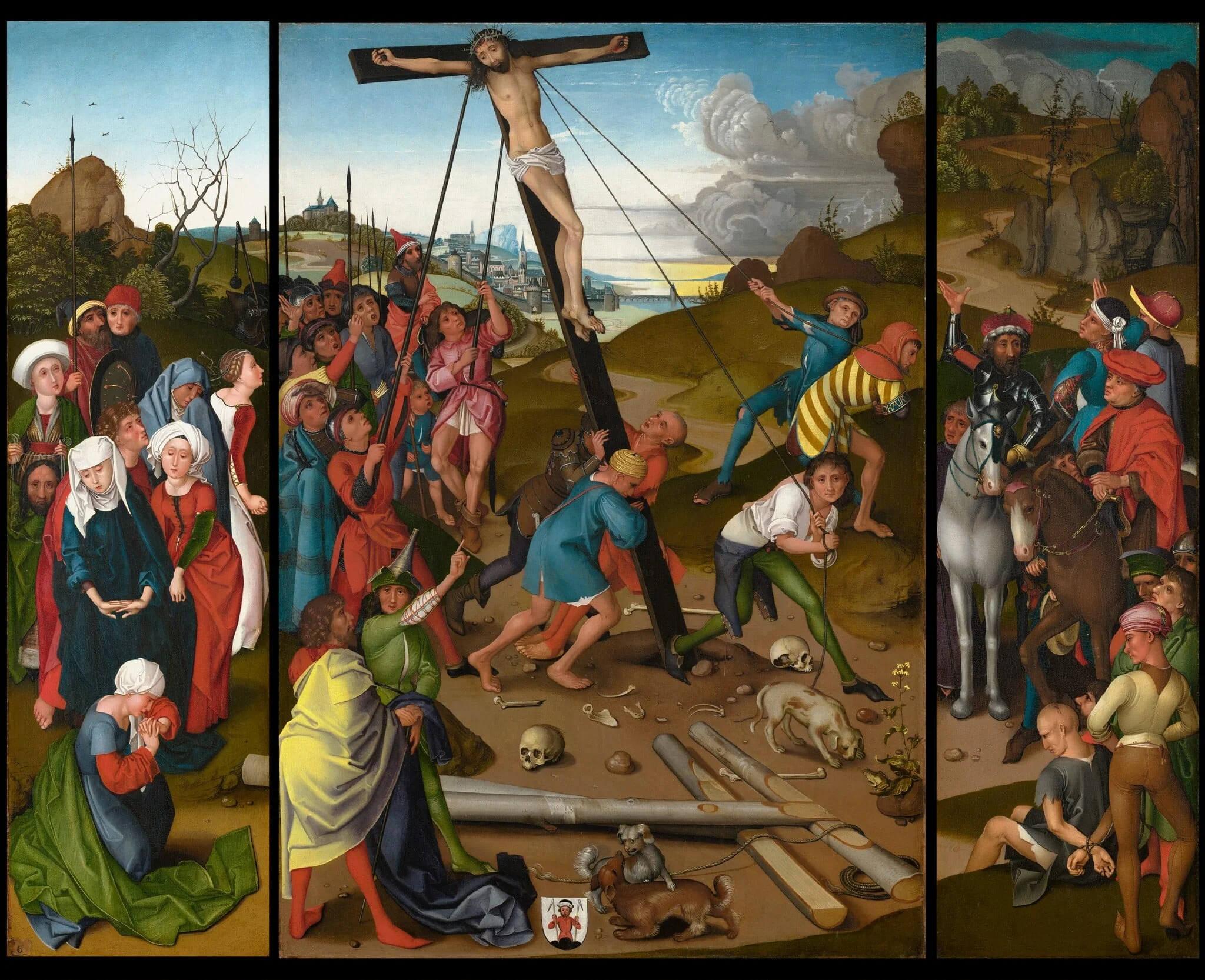 The Raising of the Cross [center, left, and right panels], detail