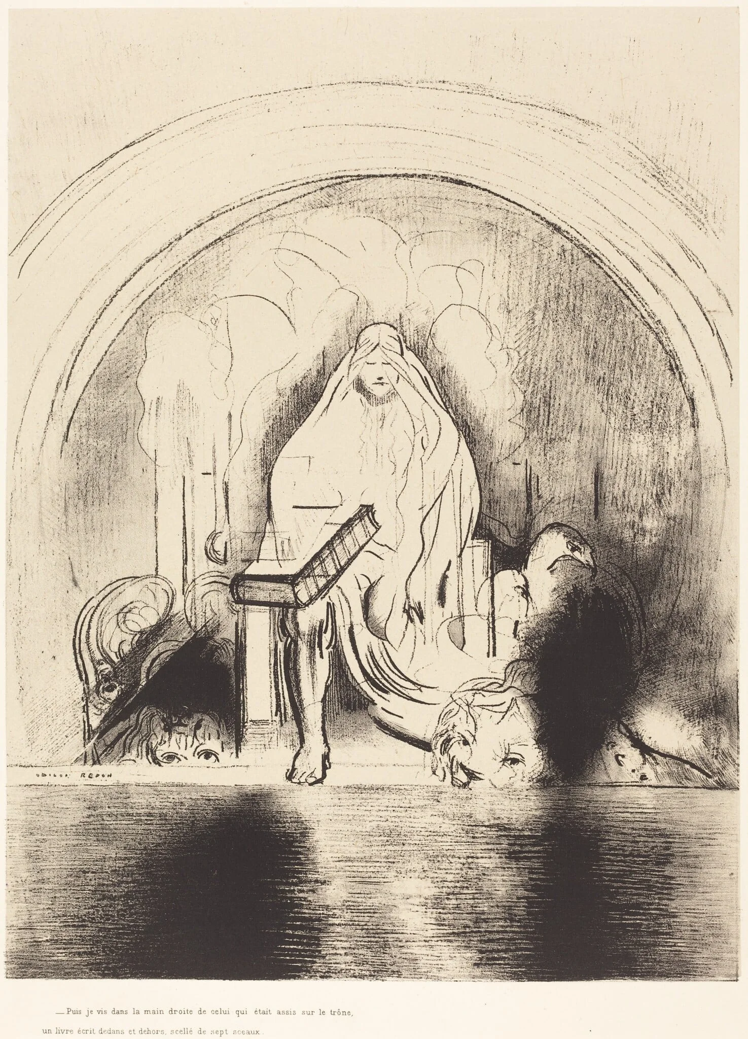 Puis je vis, dans la main droite de celui quietait assis sur le trone, un livre ecritdedans et dehors, scelle de sept sceaux (And I saw in the right hand of him that sat on the throne a book written within and on the backside, sealed with seven seals ), detail
