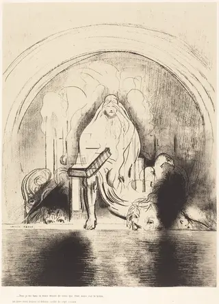 Puis je vis, dans la main droite de celui quietait assis sur le trone, un livre ecritdedans et dehors, scelle de sept sceaux (And I saw in the right hand of him that sat on the throne a book written within and on the backside, sealed with seven seals ), by Odilon Redon, ink, 1899