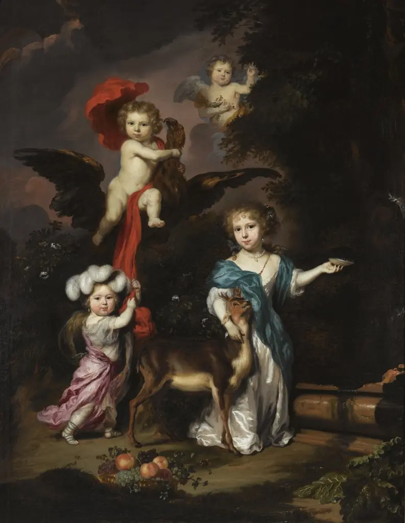 Portrait of Four Children as Ceres Ganymede Cherub and Diana, by Nicolaes Maes, oil, 1675