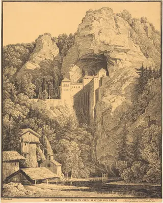 Das Schloss Prediama in Crein XII Stund: von Triest (Predjama Castle in Carniola, Twelve Hours from Trieste), by Karl Friedrich Schinkel, ink, 1816