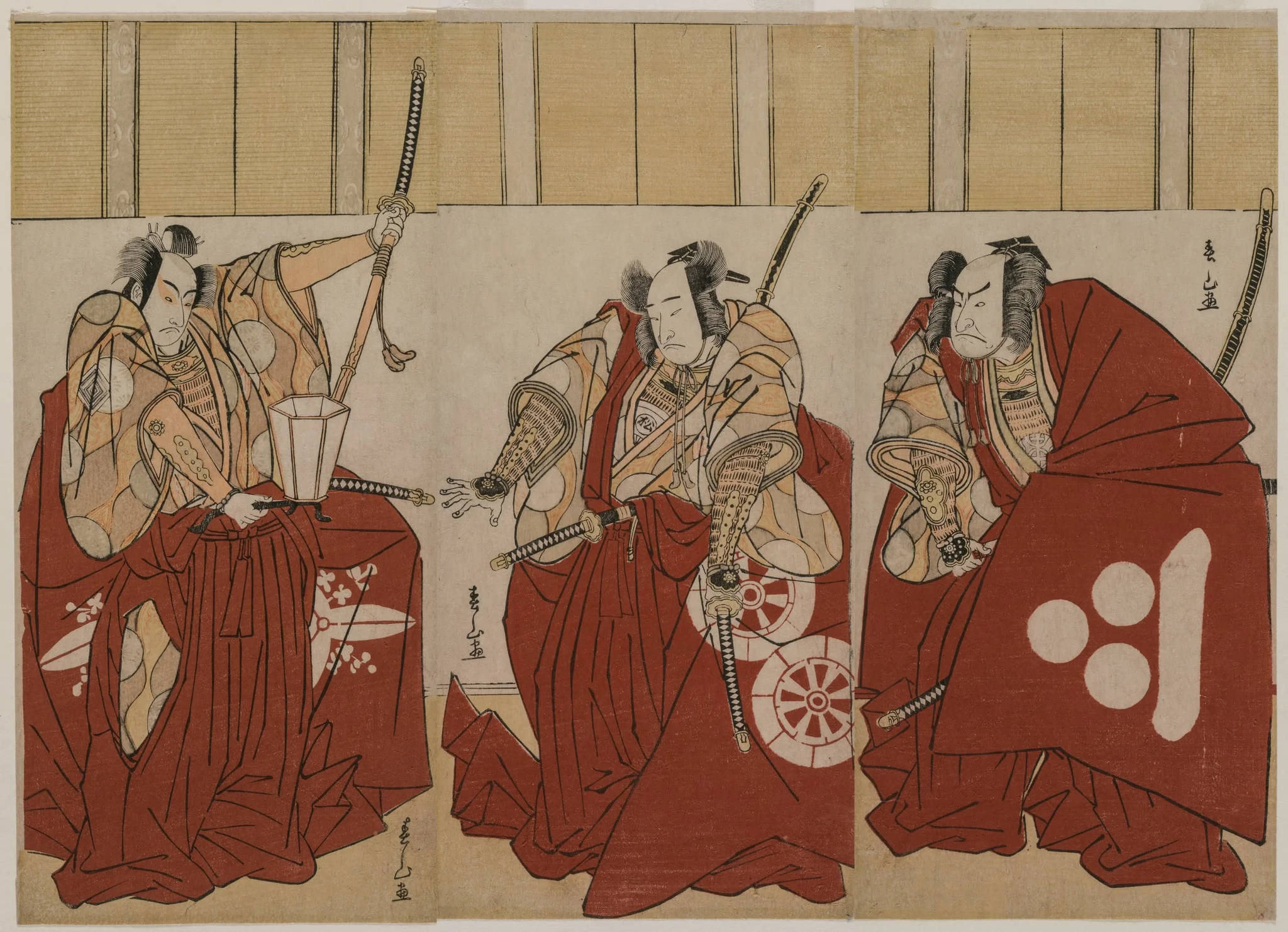 Ichikawa Monnosuke II as Urabe Suetake, Onoe Matsusuke I as Usui Sadamitsu, and Nakamura Nakazo I as Watanabe no Tsuna in “The Four Heavenly Kings Costumed as the Night Watch”, detail
