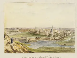 `Sioot - (the ancient Lycopolis.) - "Upper Egypt."  from the Stabl-Antar Hill', by George de Sausmarez, watercolor, 1855