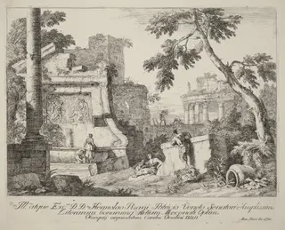 Landscape with Ruins, by Marco Ricci, ink, 1702