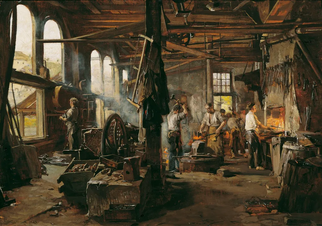 Interieur einer Hammerschmiede, by Hugo Charlemont, oil, 1892