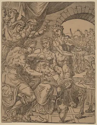 The Prodigal Son Squandering His Inheritance on Harlots, by Dirck Volckertz Coornhert, ink, 1548