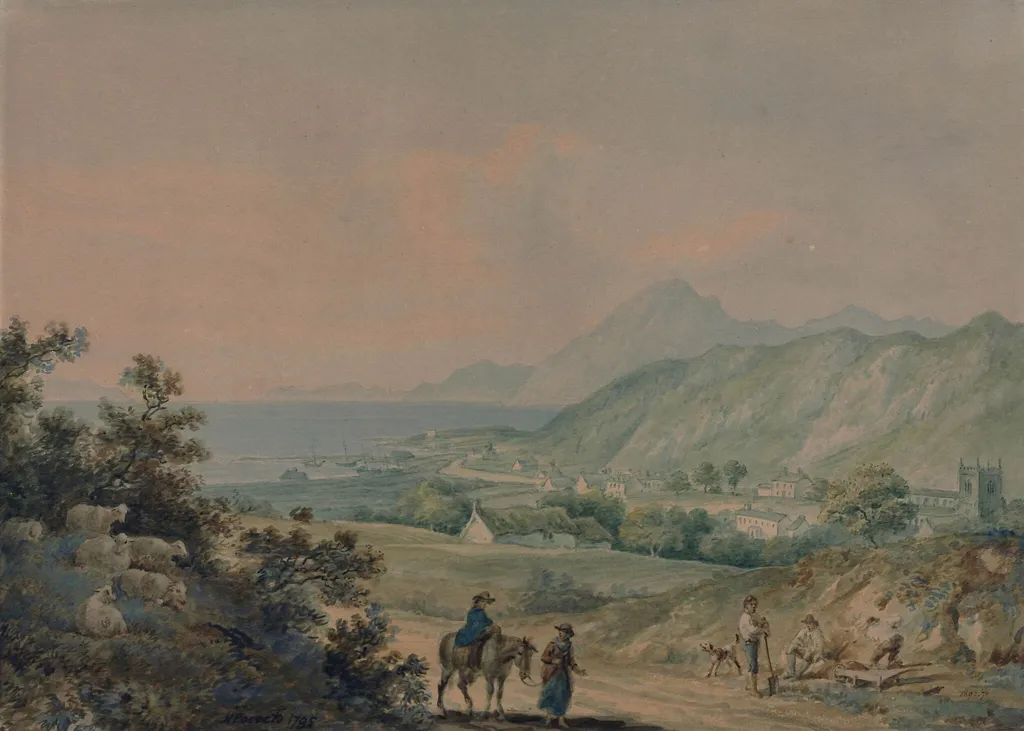 Bangor, with Penmaenmawr in the distance, by Nicholas Pocock, watercolor, 1795