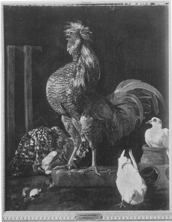 Rooster, Hen and Pigeons, detail