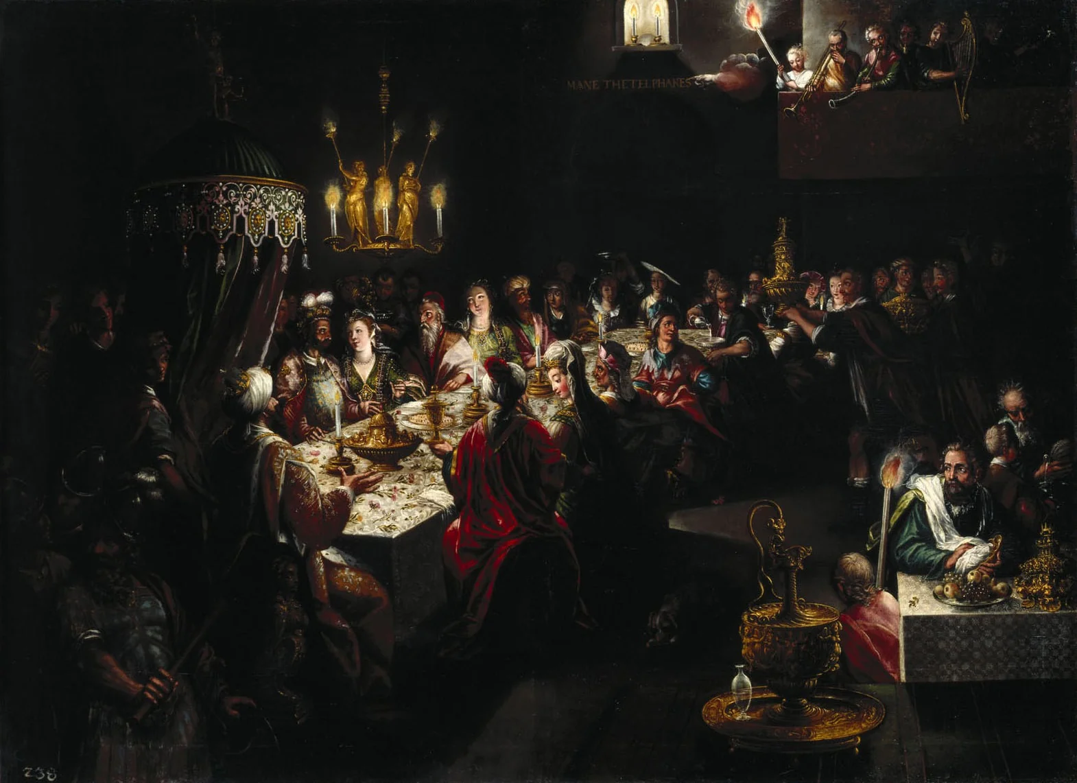 During the Belshazzar's banquet a hand appears and writes on the wall (Danel 5), detail