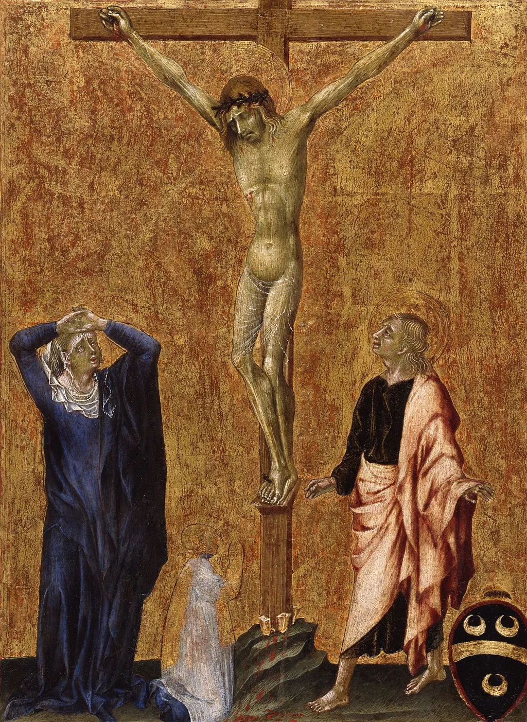 Christ on the cross between Mary and John with a kneeling Dominican, by Giovanni di Paolo, paint, 1452