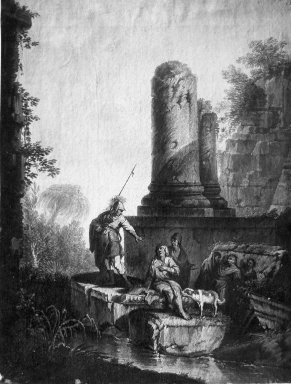 Architekturbild mit zwei Bettlern, Soldat und Hund (Kopie nach), detail