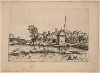 Country Village with Church and Bridge, by Johannes van Doetechum the Elder, ink