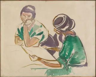 Two Women at the Table, by Edvard Munch, charcoal, 1915
