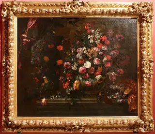 mazzo di fiori con frutti, pappagallo e uno specchio, by Bartolomeo Bimbi, unspecified, 1696