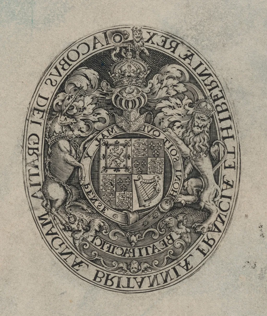 Shield of James I [bottom half], by Simon van de Passe, ink, 1621