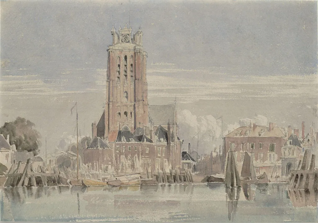 Docks and a clock tower, by Richard Parkes Bonington, watercolor, 1824