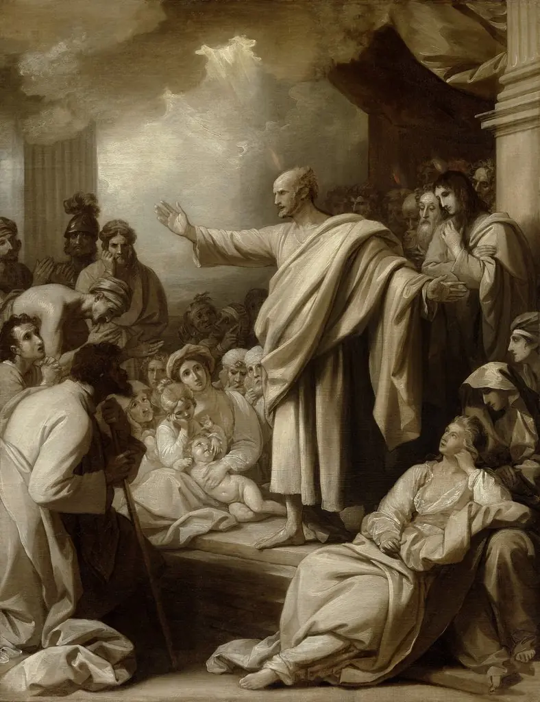 St. Peter's First Sermon in the City of Jerusalem, by Benjamin West, oil, 1780