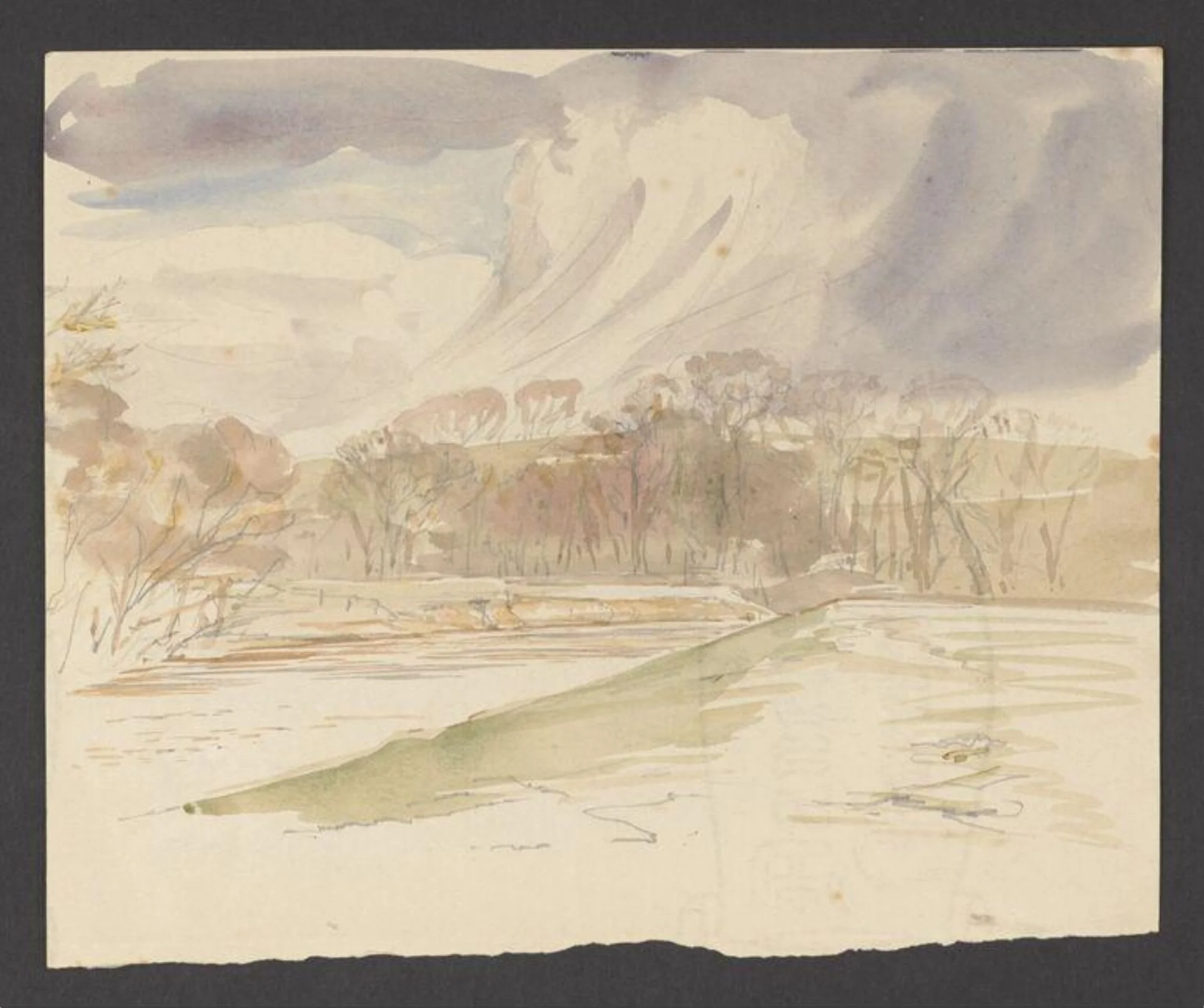 A lake and trees beneath a stormy sky, detail